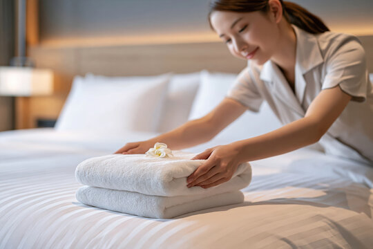 Woman folding white towel on hotel bed with clean bedding and warm bedroom light