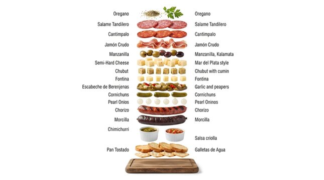 Vertical Assembly of Traditional Argentine Picada Ingredients Floating Above a Wooden Board Isolated on White Background for Culinary Design