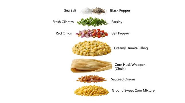 Exploded view of traditional Argentine Humita ingredients, showing corn filling, corn husk wrapper, and fresh vegetables on a white background