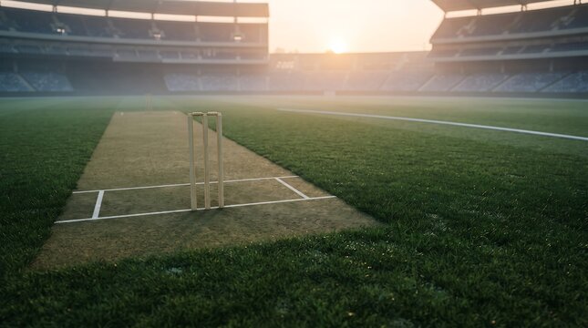 Empty cricket stadium pitch with wickets at sunset featuring a beautiful golden hour light over the field