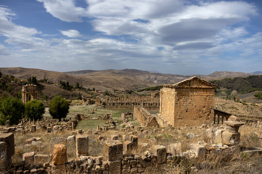 Panorama of Djemila with the Severan Temple Forum Colonnade and Kabylie Mountains Algeria