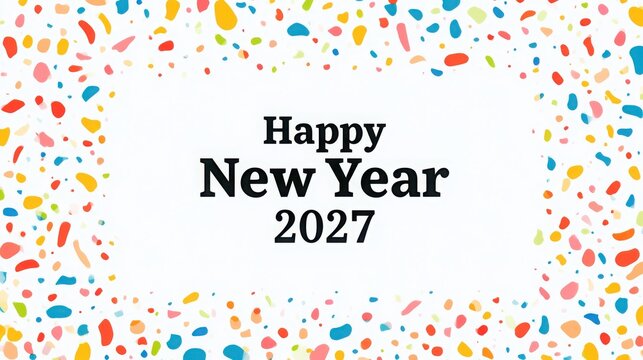 Happy New Year 2027 greeting card features colorful confetti borders framing a white text center.
