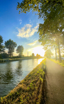 sunlit towpath leading into bright horizon with warm lens flare and reflective canal, sunbeams filter through trees and illuminate
