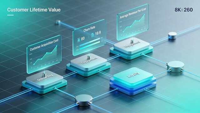 Isometric 3D illustration of customer lifetime value analytics
