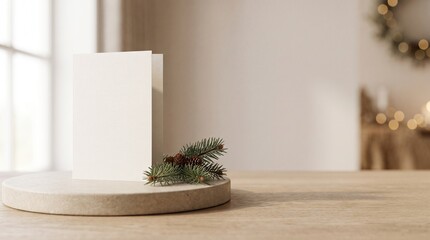 Fototapeta premium Blank greeting card on a wooden pedestal with pine branches and copy space