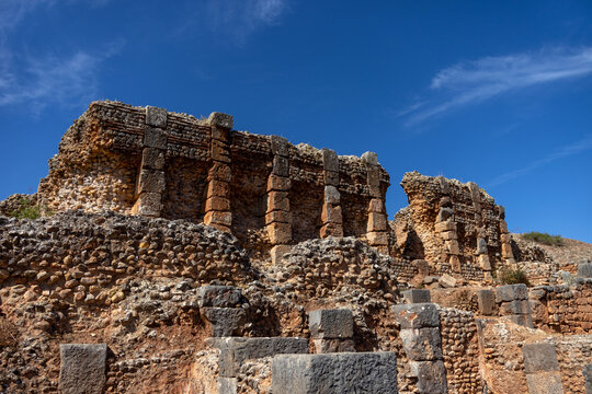 Roman Opus Africanum Walls Rising Against a Deep Blue Sky at Tiddis Algeria