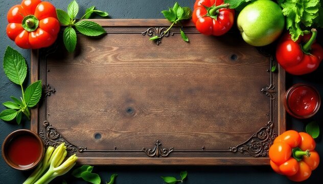 Variety of tapas on rustic wooden board, decorative border , picnic, gourmet food