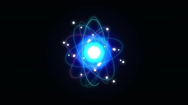 Abstract glowing atom nucleus with orbiting electrons and digital particles in deep space, technology concept