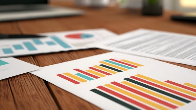 Colorful bar charts and graphs on printed papers scattered across a wooden desk surface in a professional workspace setting