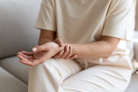 Person holding painful wrist and palm while sitting at home, concept of ligament inflammation, hand pain, repetitive strain injury and musculoskeletal discomfort