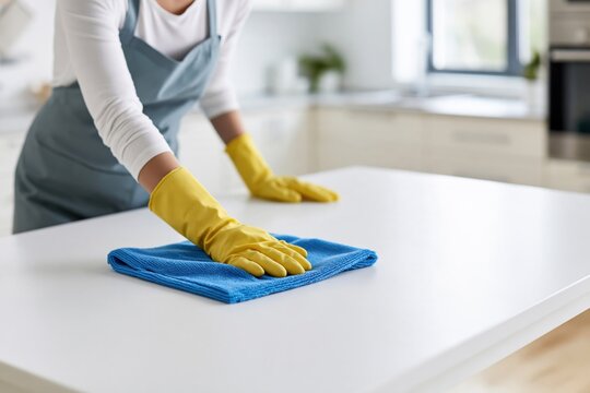 Woman wearing rubber gloves cleaning kitchen countertop with small microfiber towel, home hygiene, household chores, surface cleaning and domestic housekeeping