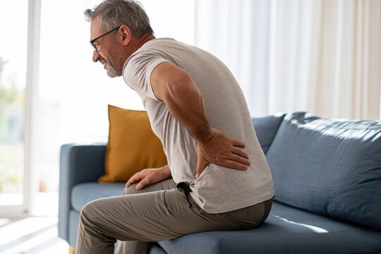 Senior man suffering from lower back pain while getting up from sofa at home, concept of chronic discomfort, muscle strain, aging, mobility problems and healthcare