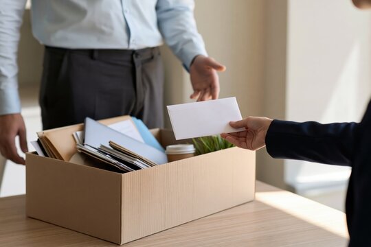 Employee handing resignation letter to manager beside box of personal belongings, concept of leaving a job, workplace transition, offboarding and career change