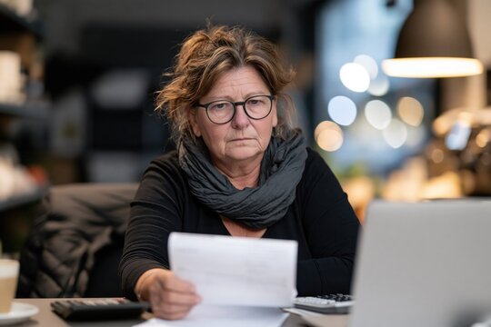 Mature woman reviewing financial documents beside laptop at home, concept of household expenses, budgeting, bills, personal finance and financial planning