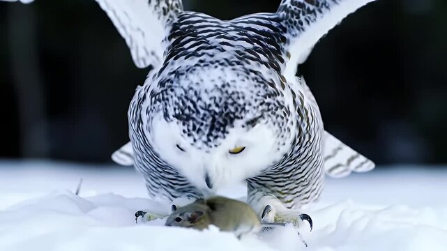 Jumping Snow Owl Watches Rodent Stopping on Snow