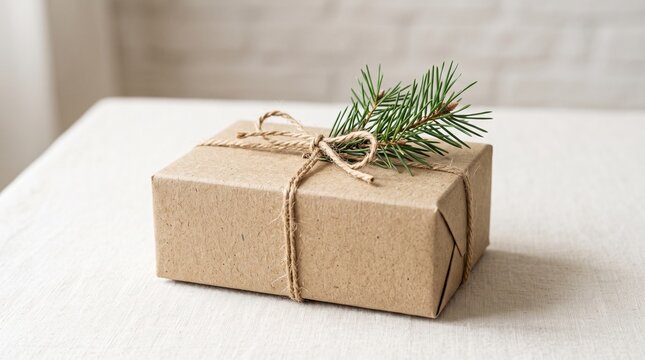 Recycled paper gift box tied with twine and pine branch on white table