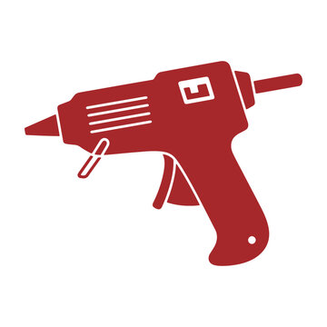 A red hot glue gun with a trigger and nozzle, isolated on a white background, flat of a crafting and repair tool device