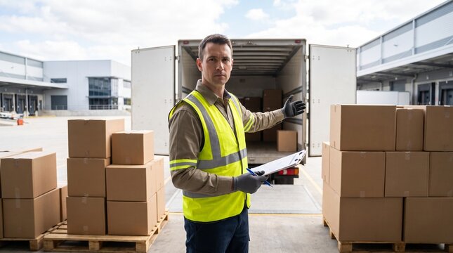 Experienced logistics worker overseeing efficient cargo handling and dispatch operations at a bustling industrial warehouse facility, ensuring timely delivery
