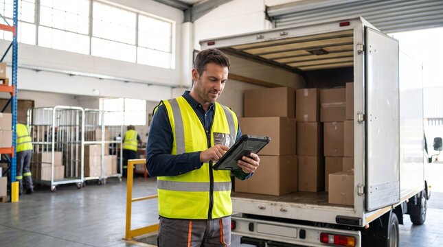 Logistics worker in safety vest using a digital tablet while standing near a delivery truck loaded with boxes in a modern warehouse facility
