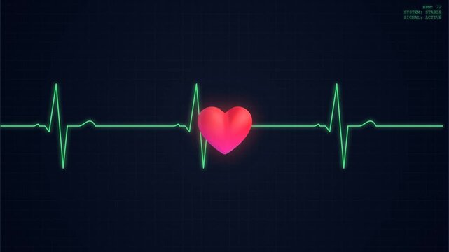 Glowing 3D pink heart beating in sync with green ECG line on dark background, medical heartbeat monitor animation