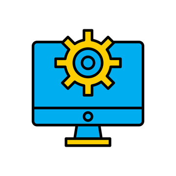 Computer monitor screen featuring a central gear icon representing system optimization and maintenance