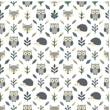 Seamless pattern of cartoon forest animals and leaves