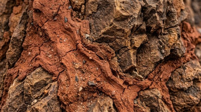 Detailed texture of red clay and brown stone forming a natural rugged surface