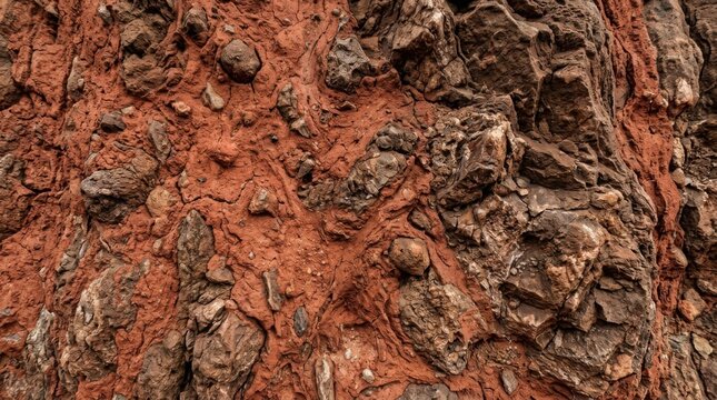 Natural red clay and brown stone rock formation texture background