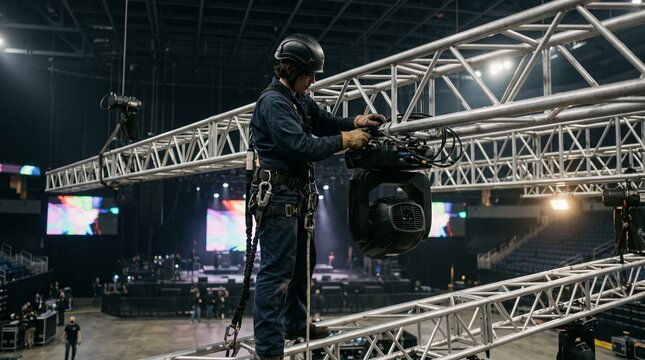 A professional stage technician working on lighting equipment suspended high above a concert venue arena.