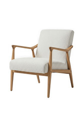 Obraz premium Modern armchair with white textured upholstery and wooden frame isolated on transparent