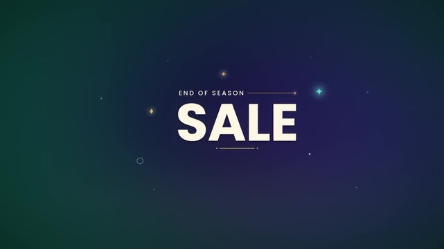 End of season sale title with shop now button and twinkling sparkles on dark green to purple gradient background
