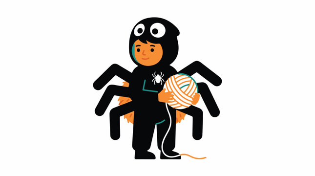 A child in a black spider costume with six extra plush legs, holding a ball of white yarn. Creative DIY theme. Limited palette of black, white, orange, and teal. trace optimized, minimalist flat