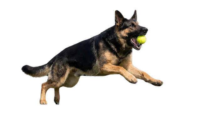 German shepherd mid air catches a bright yellow tennis ball on a white background