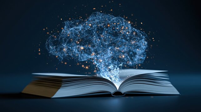 An open book glows with an ethereal blue light, projecting a luminous cloud-shaped formation symbolizing knowledge and data. ..Created with Generative AI, not depicting real subjects.