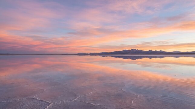 Salar de uyuni salt flat reflecting a colorful sunset sky