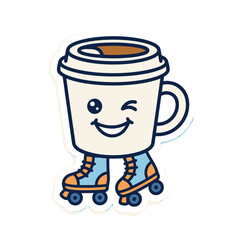 Obraz premium Cute coffee cup character with a winking smiley face and roller skates, fun flat vector icon in sticker style with thick outline, solid colors, playful and energetic mood
