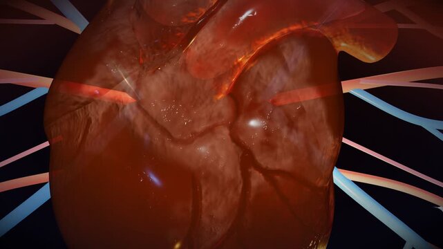 Anatomical 3D cross section of a human heart beating with valves