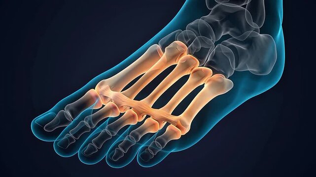 3D medical animation illustrating the human foot anatomy with a detailed view of the metatarsal bones and joints highlighted for orthopedic analysis.