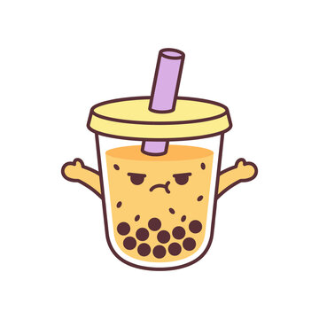 Cute grumpy passion fruit boba tea cup with pouting face and outstretched arms, chibi style flat vector sticker, soft pastel colors