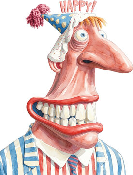Whimsical watercolor party character featuring funny smiling man birthday hat striped suit exaggerated face playful celebration isolated cartoon illustration