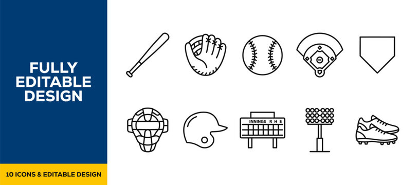 Baseball game and softball equipment line icon set featuring baseball bat leather glove ball home plate catcher mask batting helmet and scoreboard vector icons