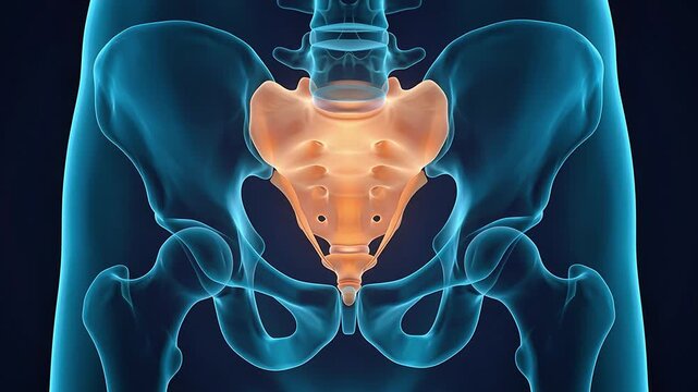 3D medical illustration showing the human sacrum bone highlighted in orange within the pelvic girdle and lower spine