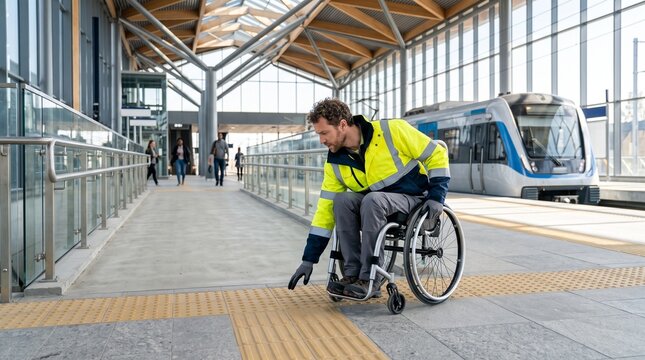 A man in a wheelchair wearing a high visibility jacket checking the tactile paving at a modern train station.