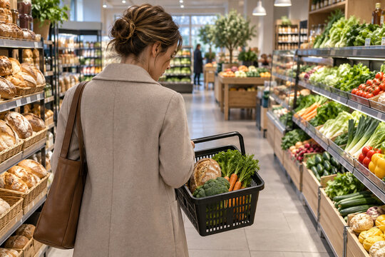 Frau betrachtet ihren Lebensmitteleinkauf im Supermarkt