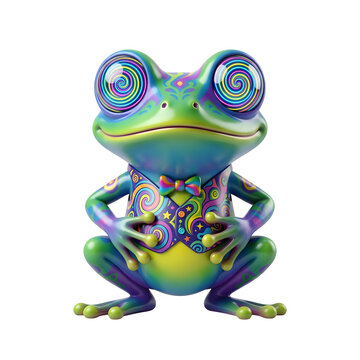A colorful 3d rendered frog with swirling eyes and patterned clothing on transparent background