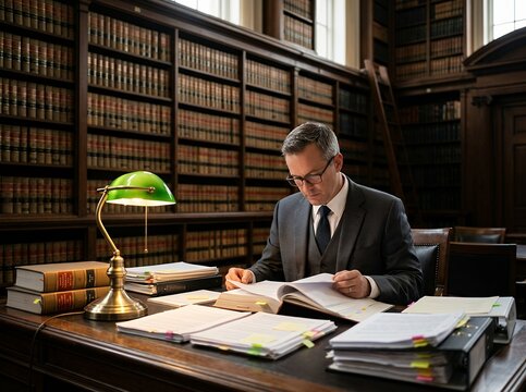 Lawyer reading books in a vintage library office with stacks of paper on his desk.