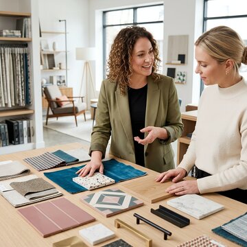 Interior designers collaborating on fabric and hardware samples in a bright studio.
