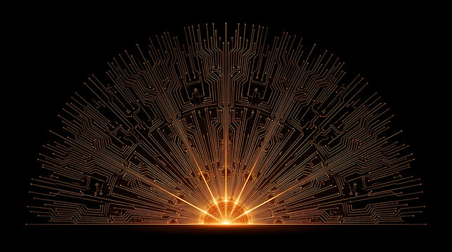 Glowing orange circuit board pattern in a semi circular fan shape