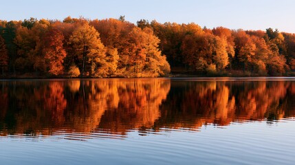 Obraz premium Autumn forest with colorful trees reflecting in calm lake water