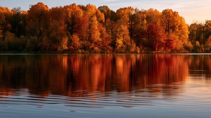 Obraz premium Autumn forest and calm lake water with rippled reflections of colorful trees